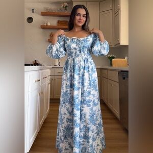 Elegant Blue and White Smocked Dress